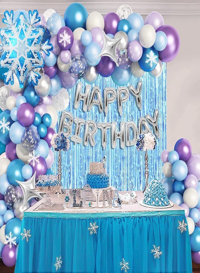 Lazybeee مجموعة قوس بالونات Lazybeee Froz En مكونة من 80 قطعة، بالونات ندفة الثلج الزرقاء والبنفسجية مع شرائط ملونة، ستارة شراشيب لحفلات الشتاء الساحرة، وحفلات استقبال المولود الجديد، وحفلات أعياد الميلاد، وحفلات أميرات الثلج. - Image 4